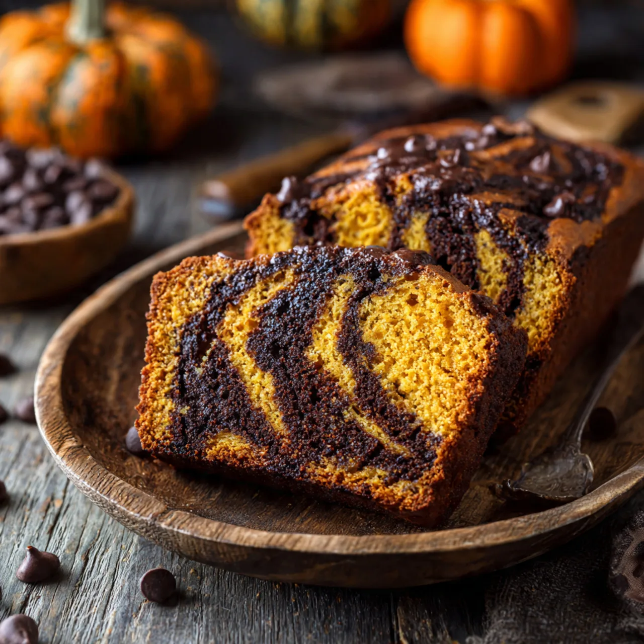 Chocolate Swirl Pumpkin Muffins Perfect for Family Breakfast 8 Slice of chocolate swirl pumpkin bread on wooden plate