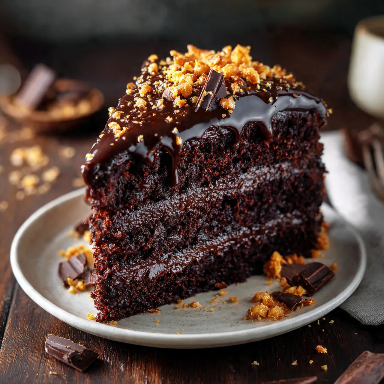 Slice of decadent chocolate cake with chocolate ganache