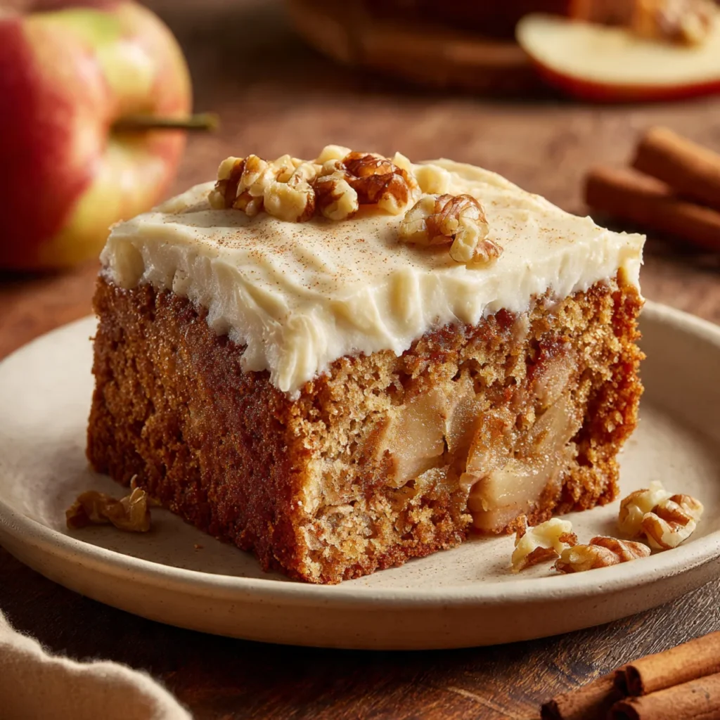 Slice of fresh apple cake with cream cheese frosting