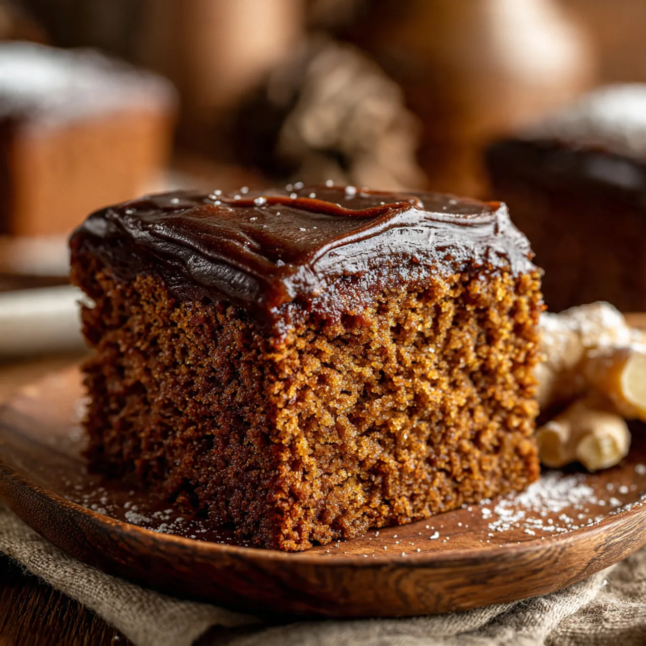Slice of gingerbread cake with molasses frosting