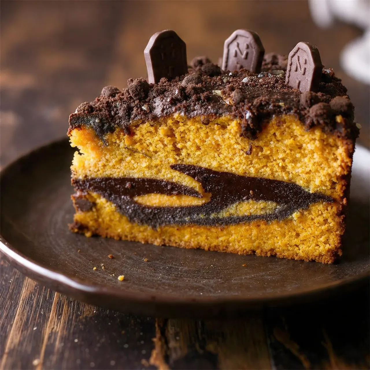 Slice of Graveyard Marble Pumpkin Cake with chocolate swirls