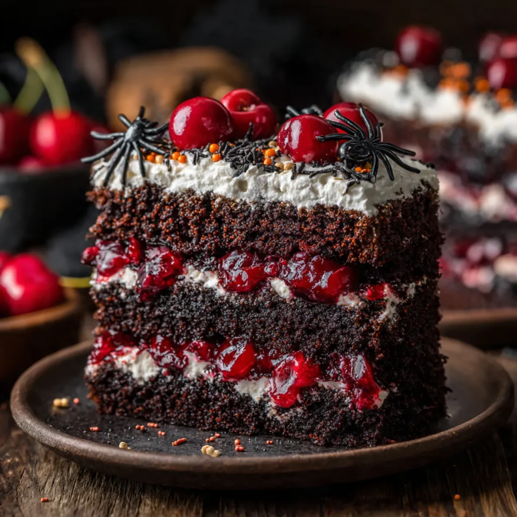 Slice of Halloween Midnight Black Forest Cake with cherry filling