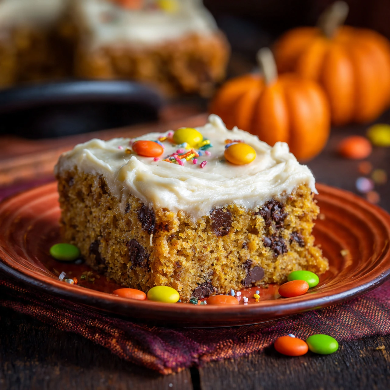 Pumpkin chocolate chip cake with cream cheese frosting