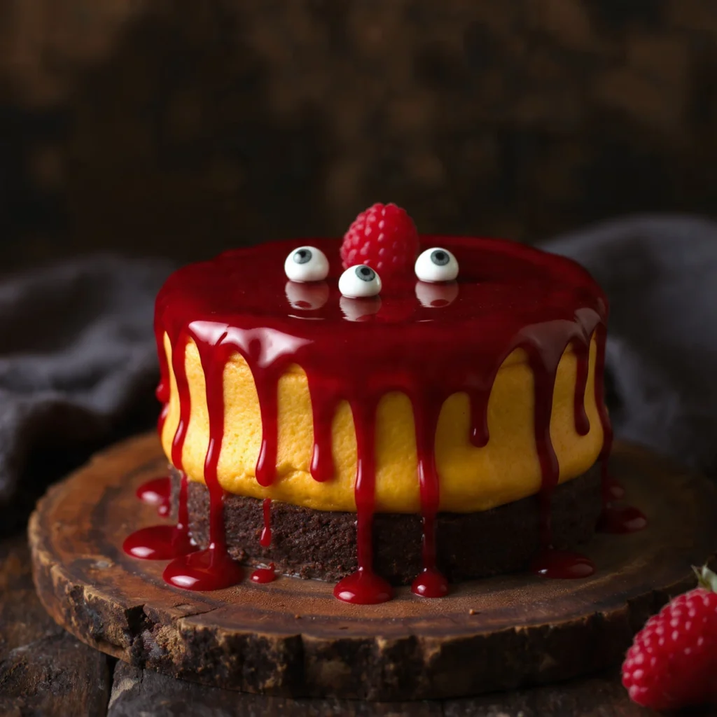 Halloween pumpkin mousse cake slice with chocolate layers and raspberry drizzle