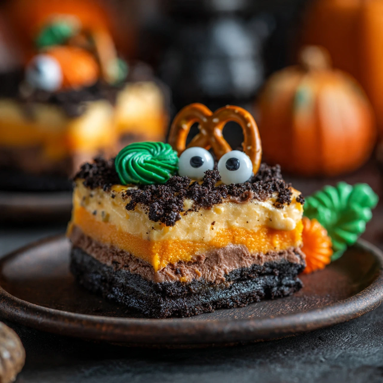 Slice of Halloween Pumpkin Oreo Cake with candy eyes