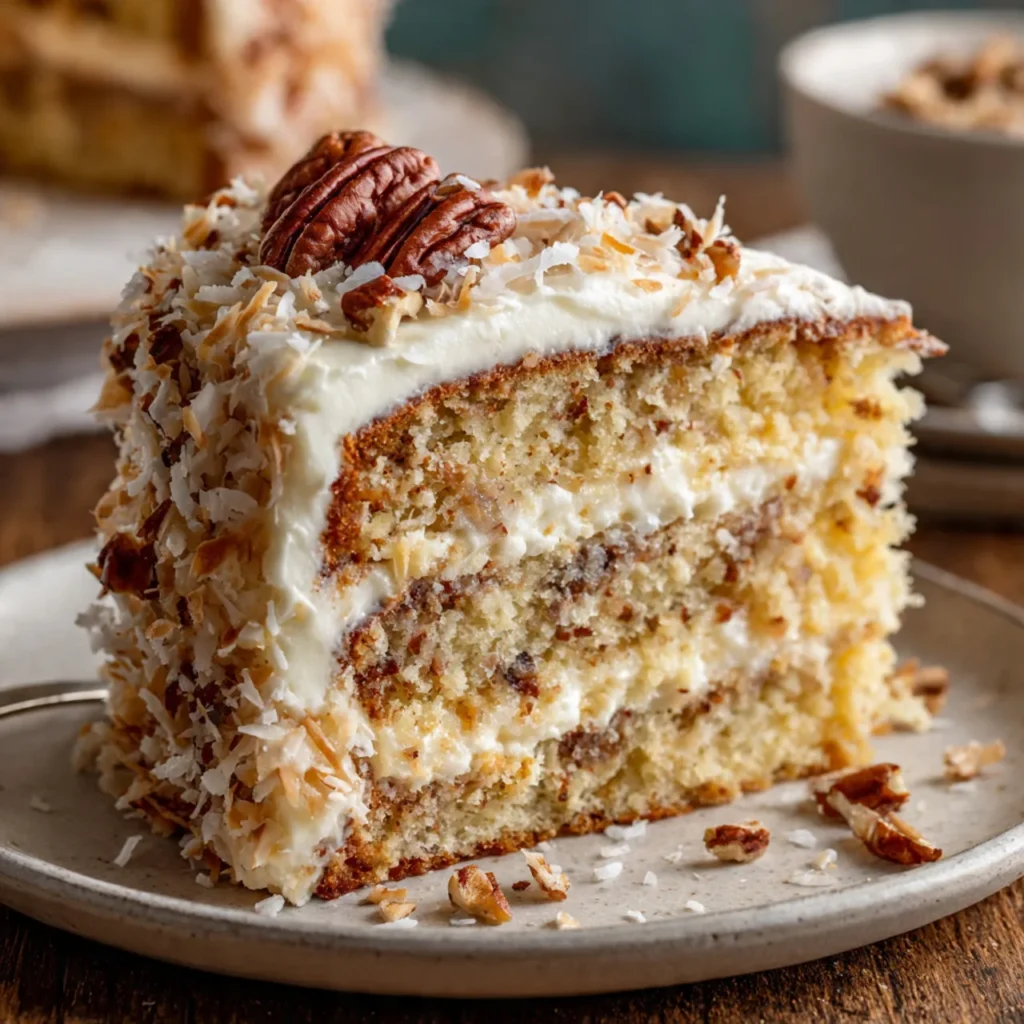 Slice of Italian cream cake with coconut and pecans