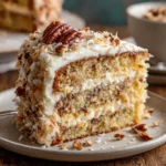 Slice of Italian cream cake with coconut and pecans