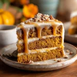 Slice of pumpkin caramel cake with caramel drizzle