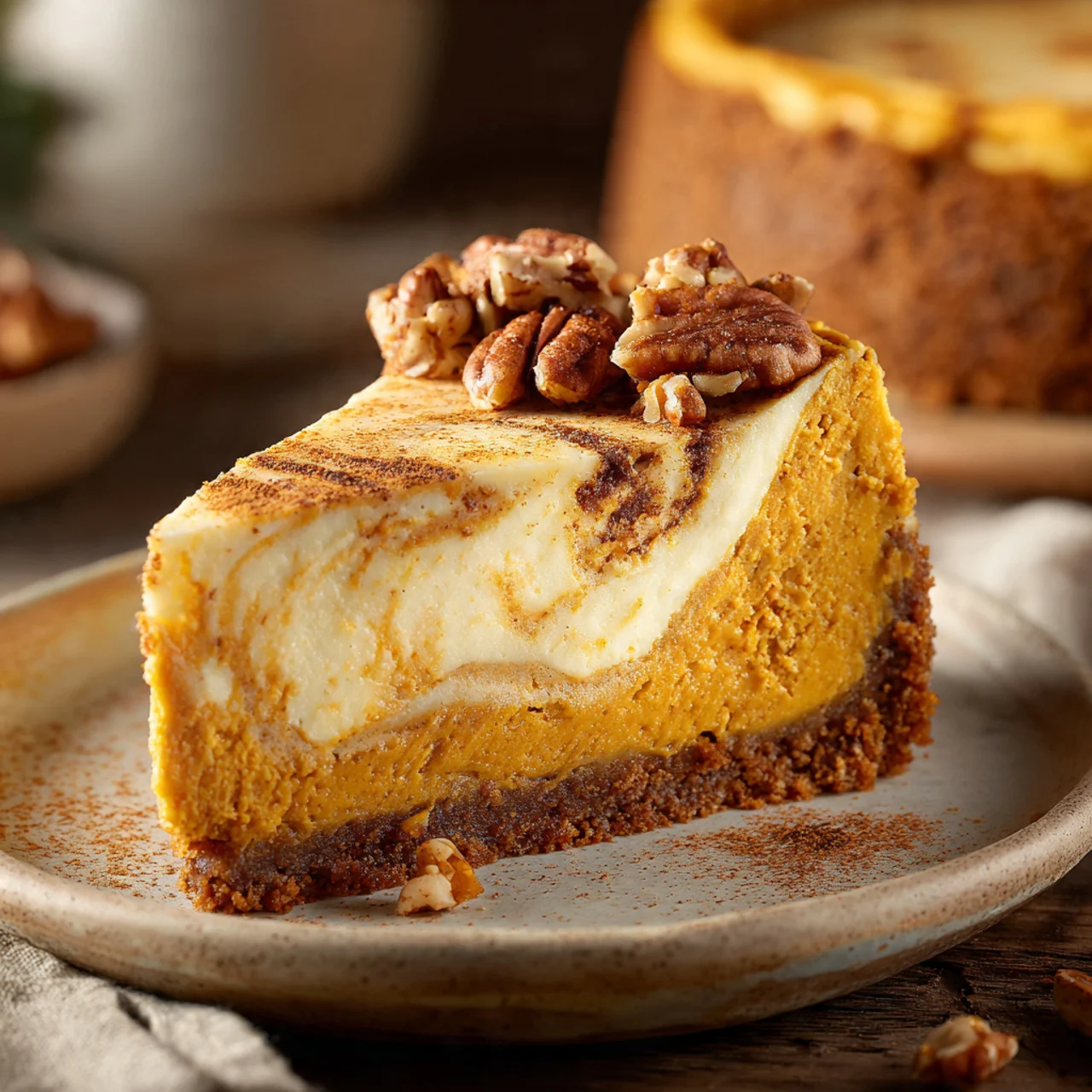 Baked Pumpkin Cheesecake – Perfect for Fall Gatherings 6 Slice of pumpkin cheesecake with gingersnap crust