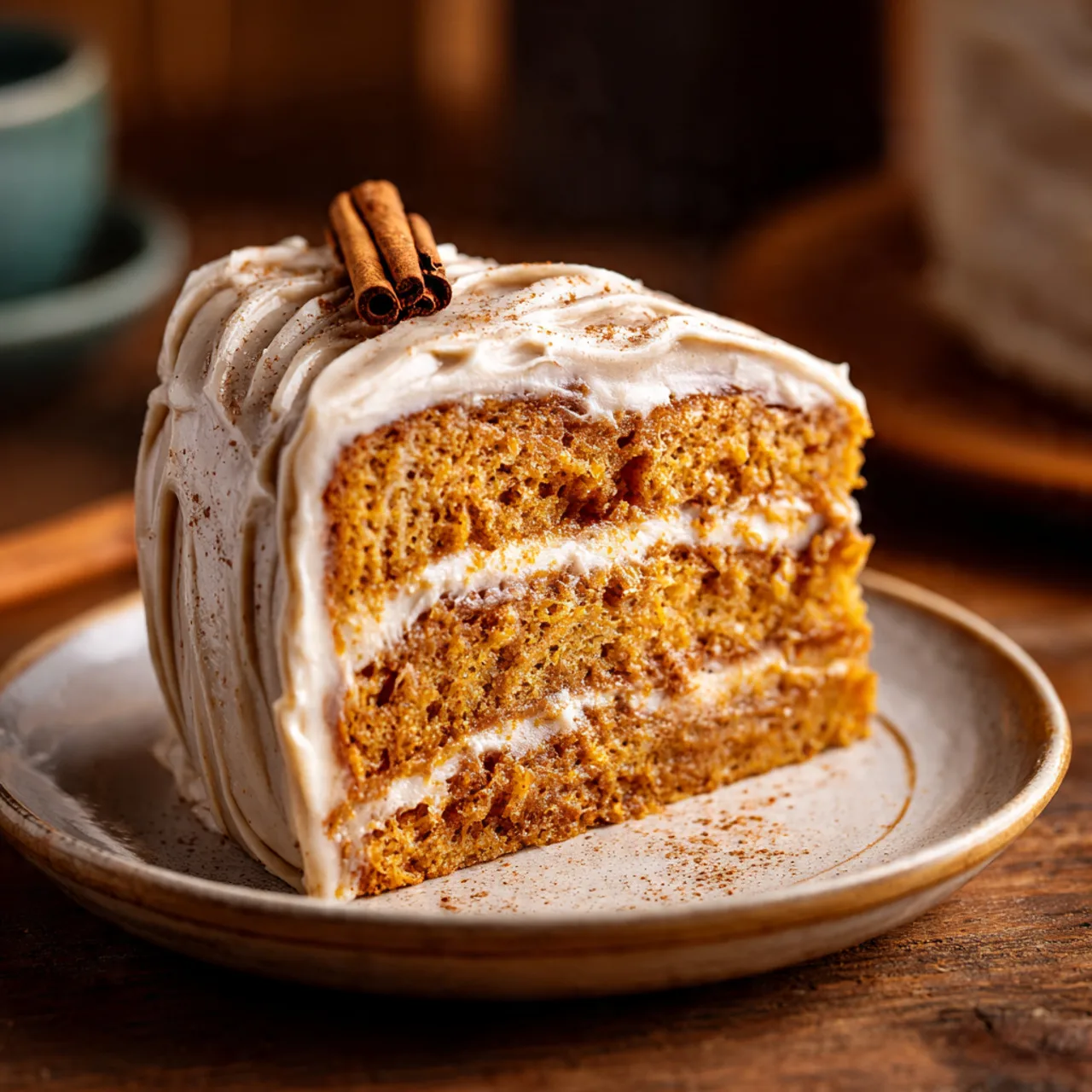 Slice of pumpkin spice latte cake with coffee frosting