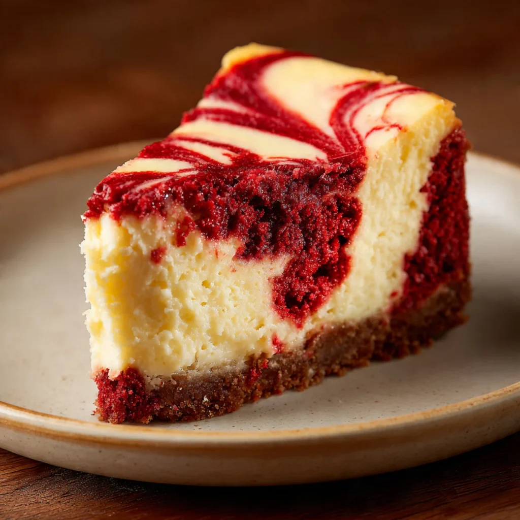Slice of red velvet cheesecake with cream cheese swirl