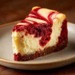 Slice of red velvet cheesecake with cream cheese swirl