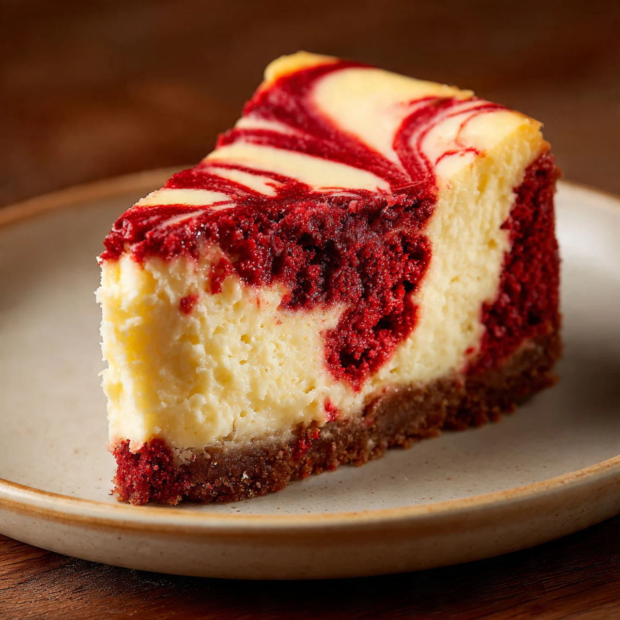 Slice of red velvet cheesecake with cream cheese swirl