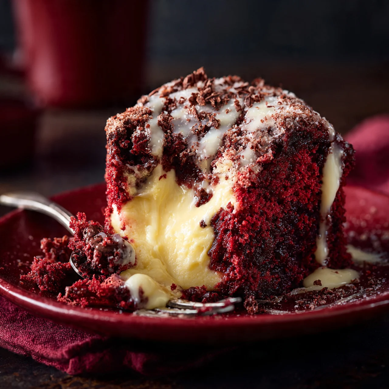 Sinister Spider Web Red Velvet Lava Dump Cak – Scary Halloween Cake 8 Slice of red velvet lava dump cake with molten cream cheese