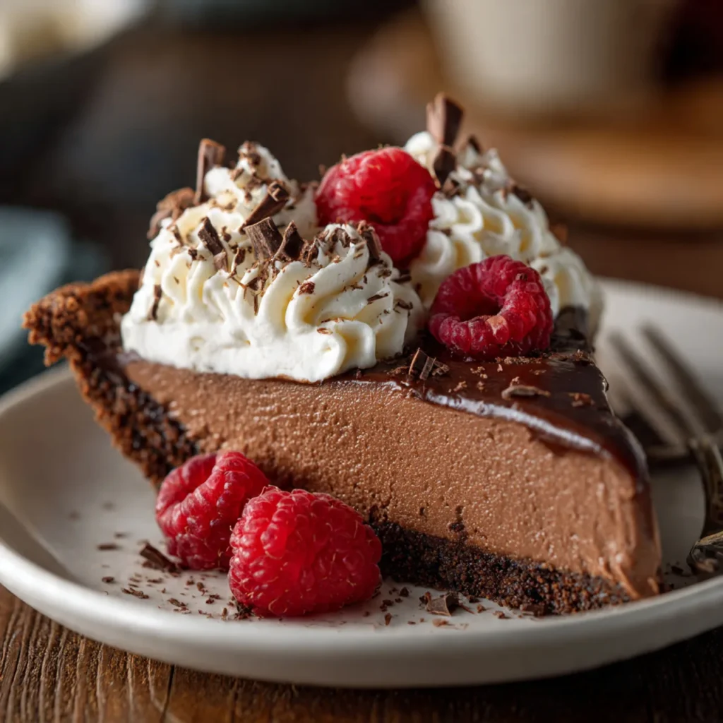 Slice of sky-high chocolate mousse pie on white plate