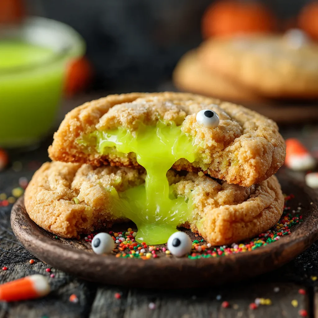 Slime filled halloween cookie with gooey green center