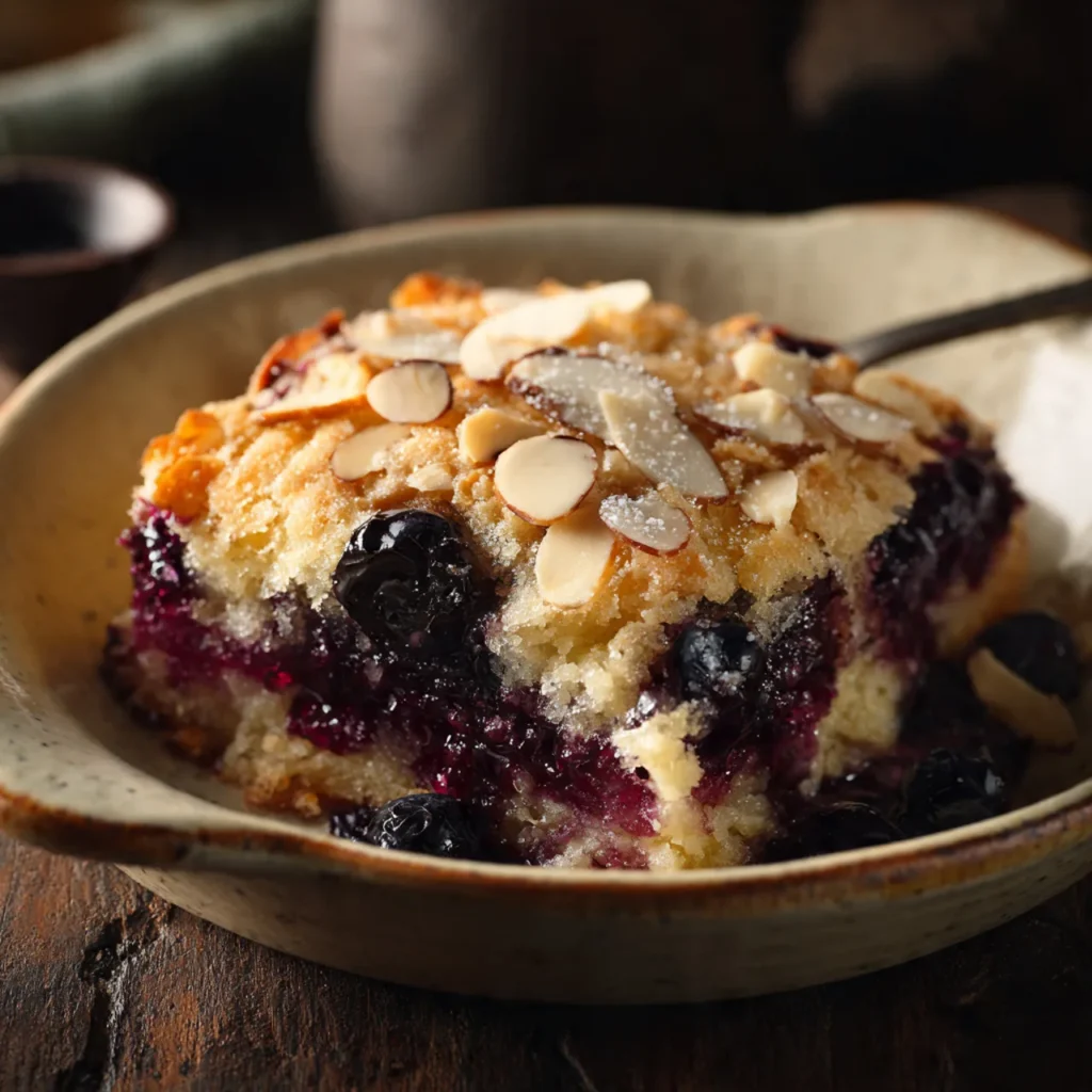 Blueberry almond dump cake with golden topping