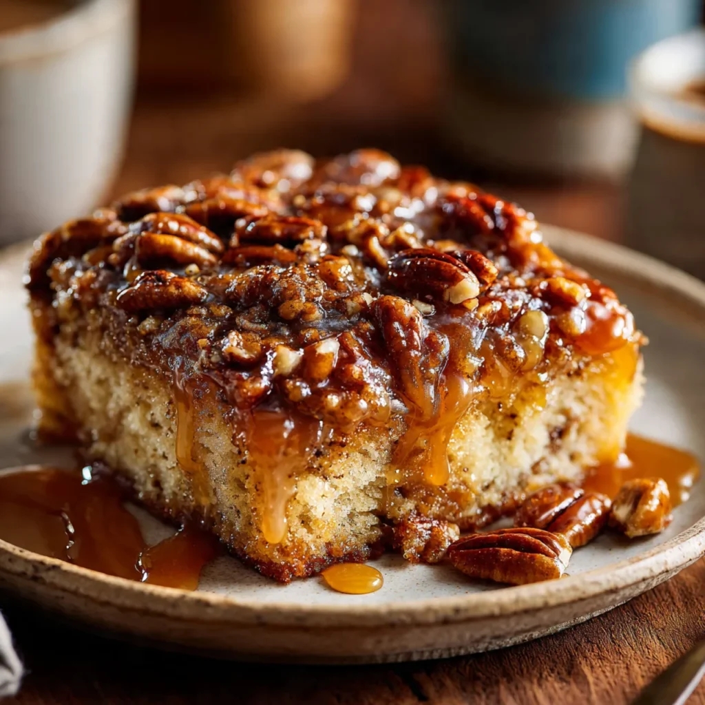 Square of Butter Pecan Praline Poke Cake with caramel drizzle and pecans