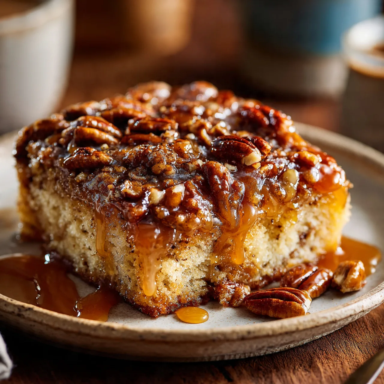 Square of Butter Pecan Praline Poke Cake with caramel drizzle and pecans