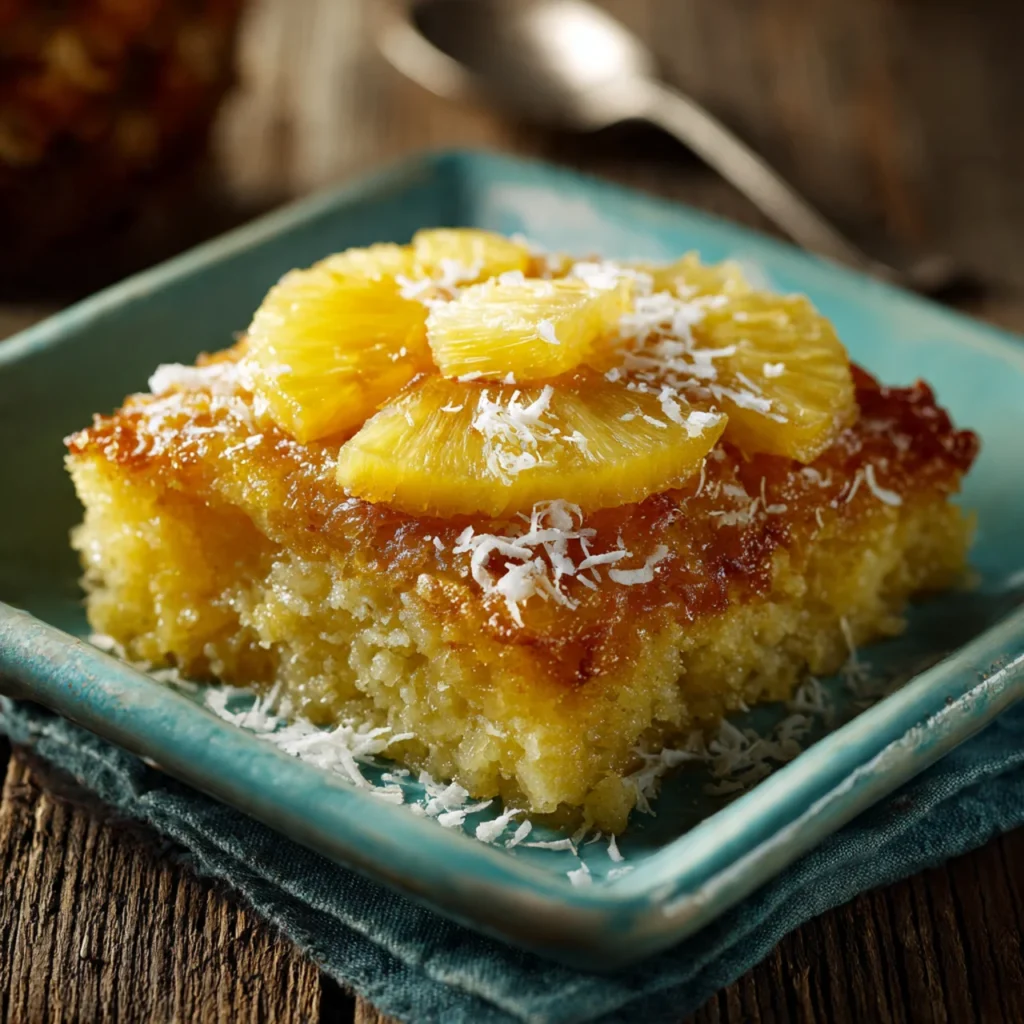 Coconut pineapple dump cake served in a dish