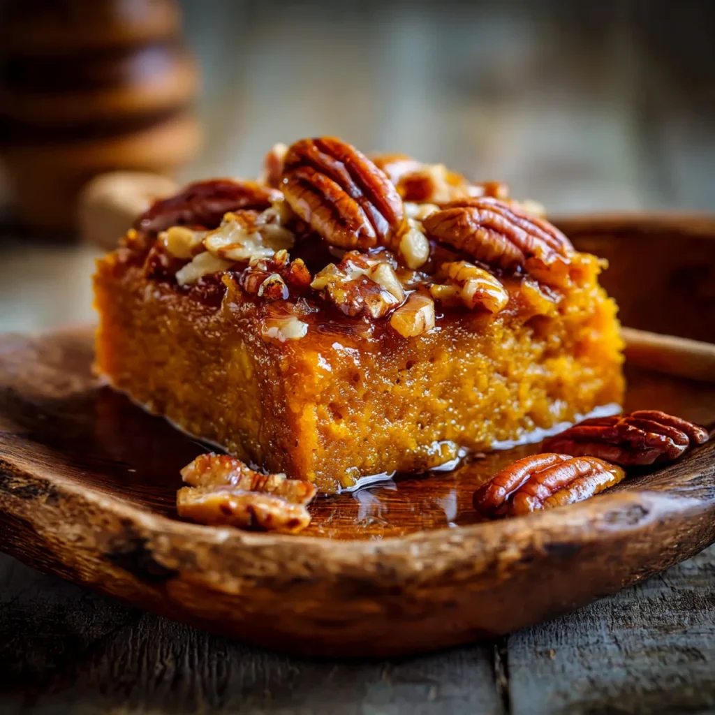 Slice of maple pecan pumpkin dessert