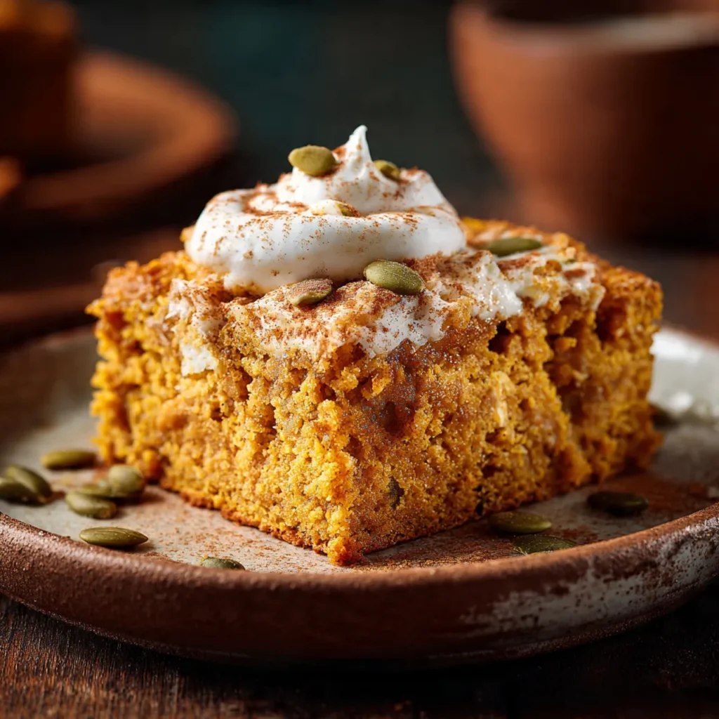 Pumpkin protein dump cake served warm in a rustic bowl