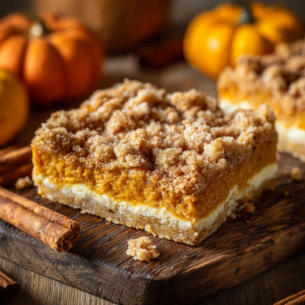 Close-up of pumpkin cheesecake bars with streusel topping