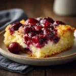 Slice of Cherry Yogurt Dump Cake with creamy swirls
