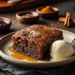 Molasses gingerbread dump cake slice on plate