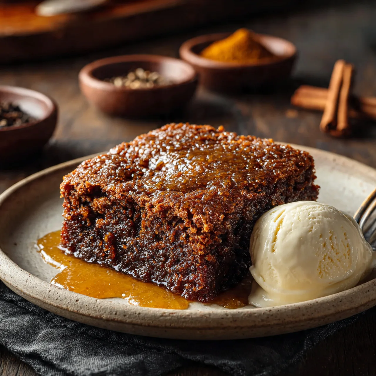 Molasses gingerbread dump cake slice on plate
