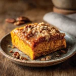 Square slice of pumpkin dump cake served on blue plate