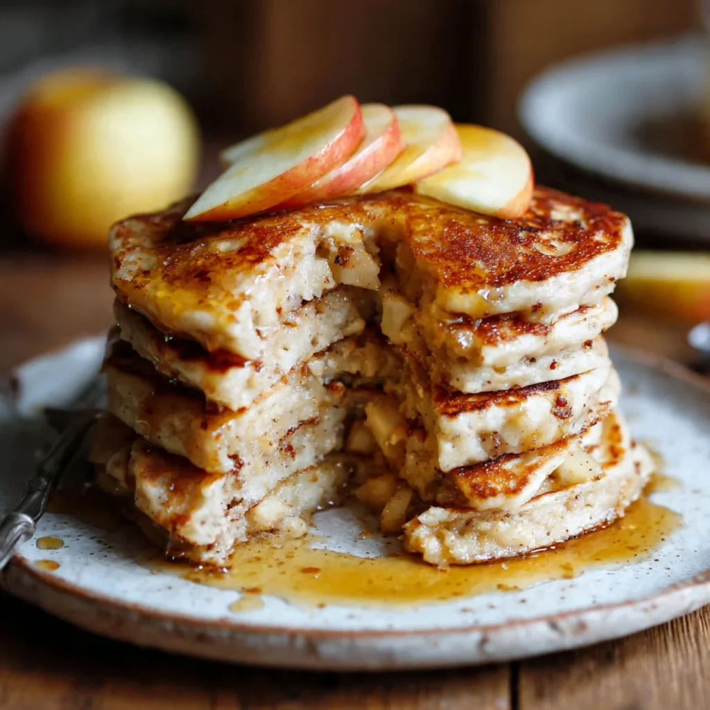 Fluffy apple cinnamon pancakes with butter and maple syrup