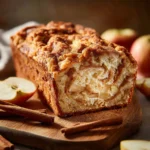 Slice of apple fritter bread on a wooden board