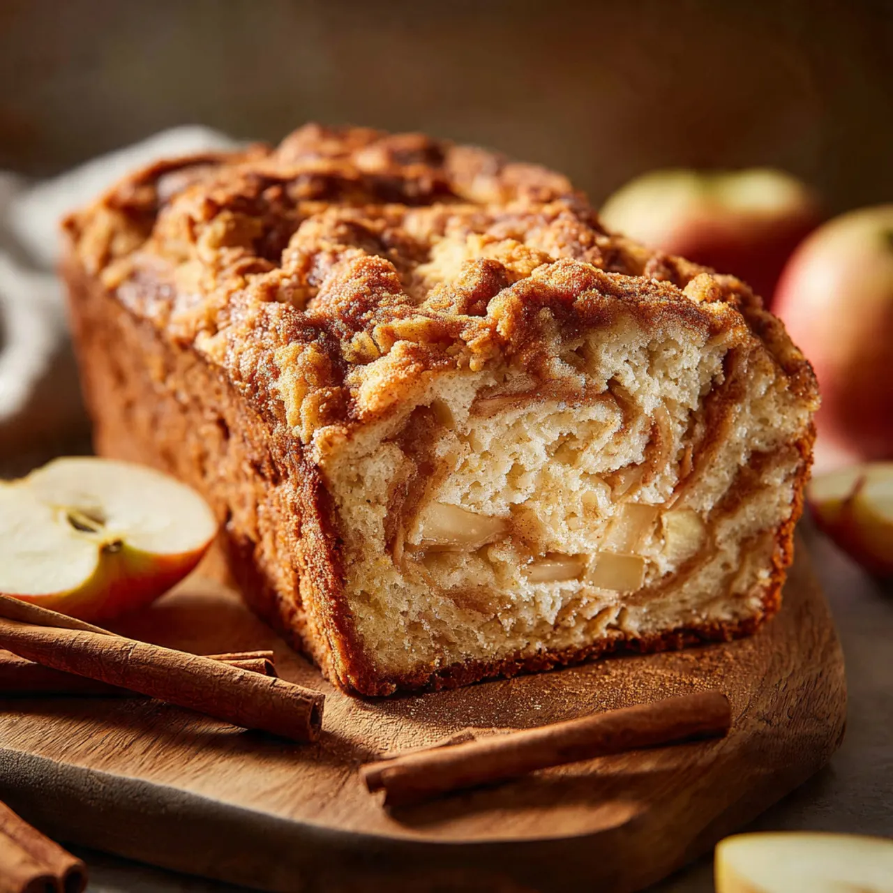 Slice of apple fritter bread on a wooden board