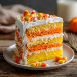 Halloween Candy Corn Layer Cake Recipe: Fun & Festive Dessert for Kids 12 Halloween Candy Corn Layer Cake on white cake stand