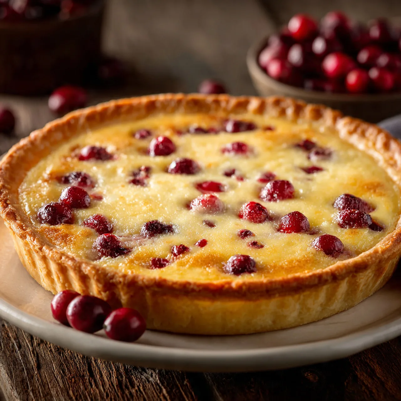 Slice of cranberry custard pie with tart cranberries