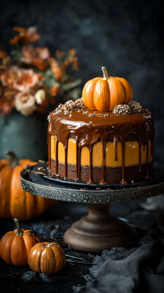 Describe layered pumpkin cake with frosting and Halloween décor.
