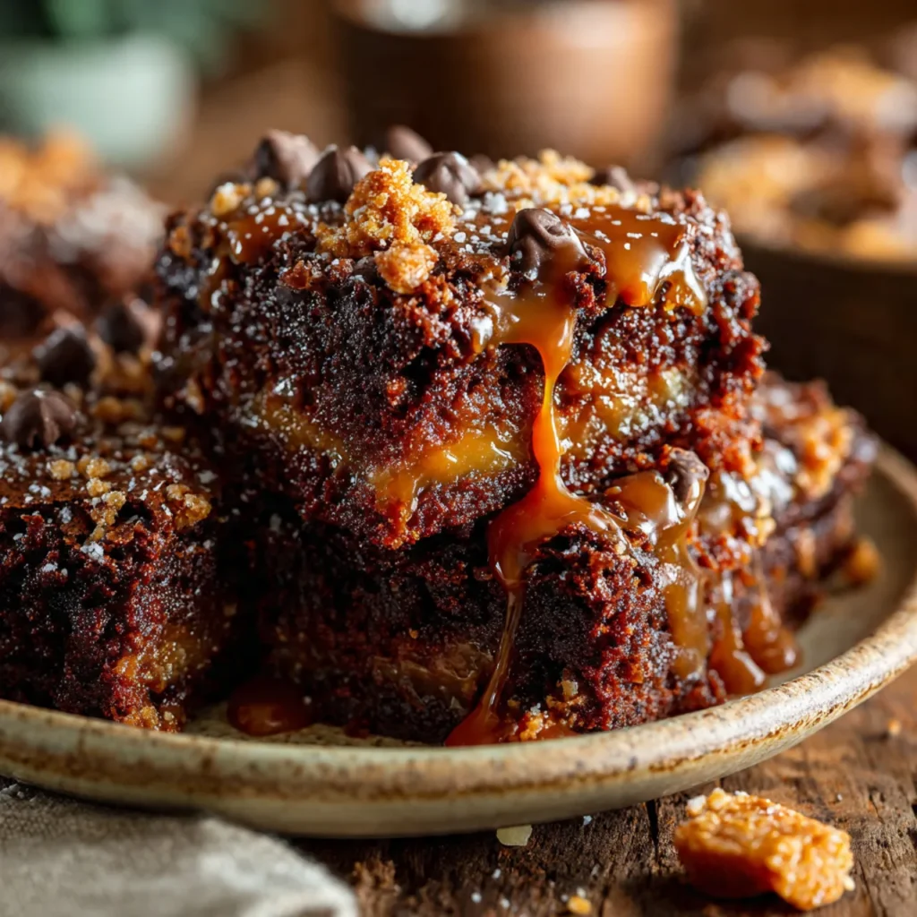 Chocolate Toffee Dump Cake close-up with caramel drizzle