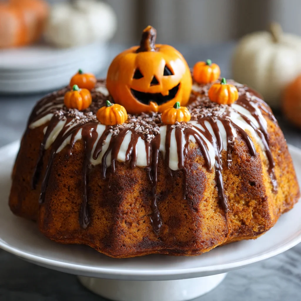 Focus on pumpkin bundt cake’s moist texture, spiced flavor, and Halloween decoration.