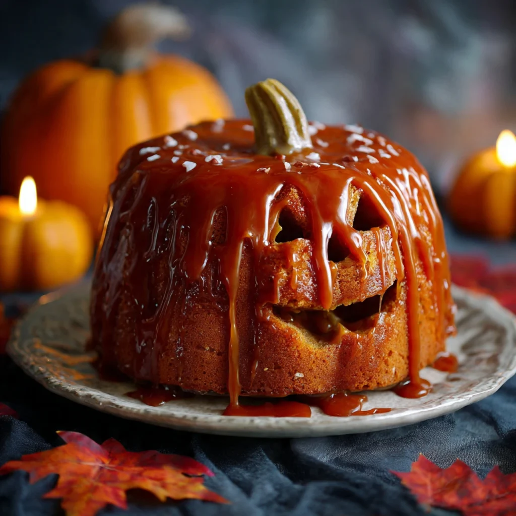 Describe layered pumpkin cake drizzled with rich caramel and festive decorations.