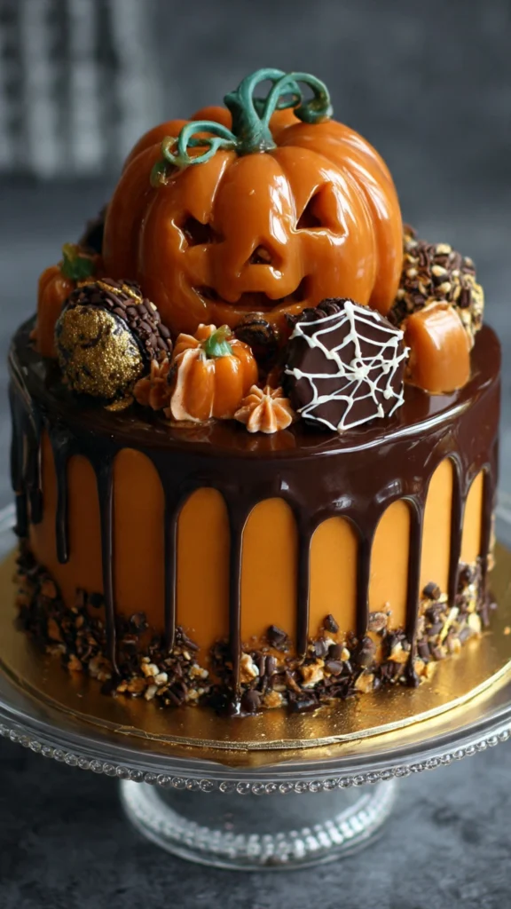 Describe a pumpkin cake drizzled with glossy caramel.