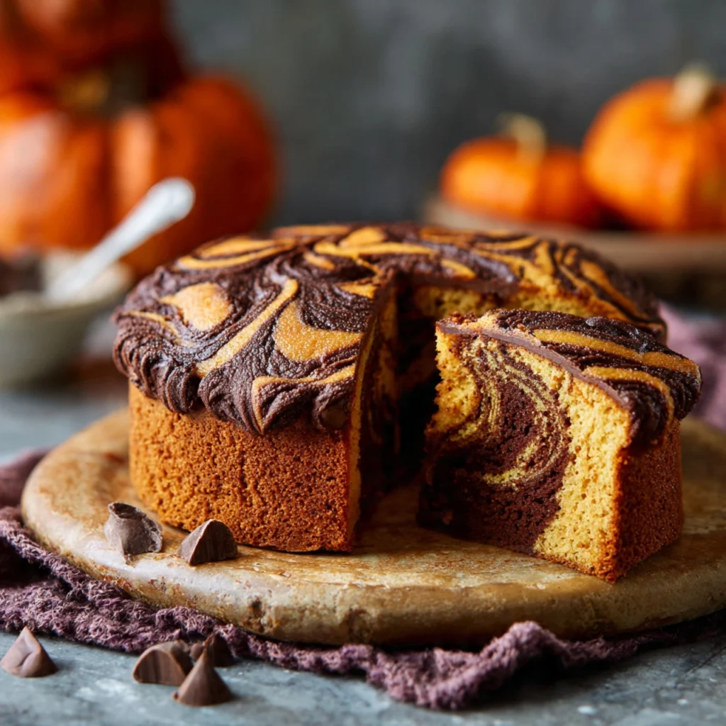 Describe swirled pumpkin and chocolate cake with Halloween-themed decoration.