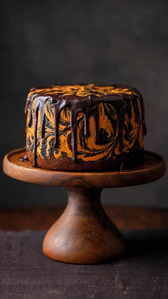 Describe marbled pumpkin-and-chocolate cake slices.