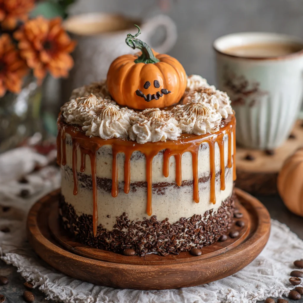 Describe the cake with pumpkin spice flavor, latte-inspired frosting, and festive presentation.