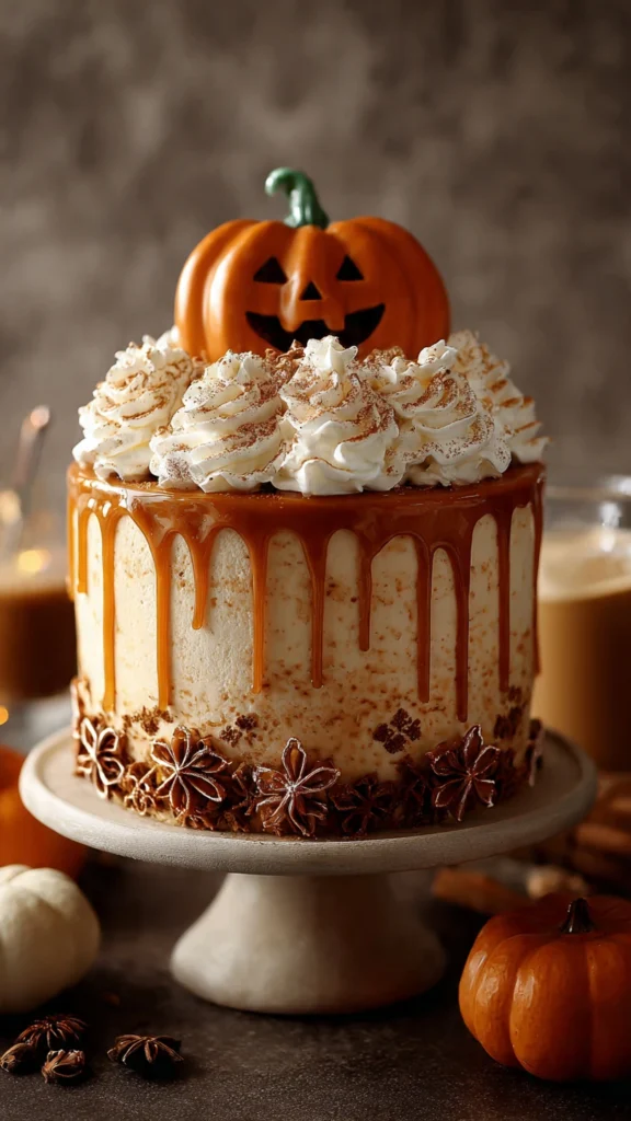 Describe a pumpkin spice latte cake with Halloween accents.