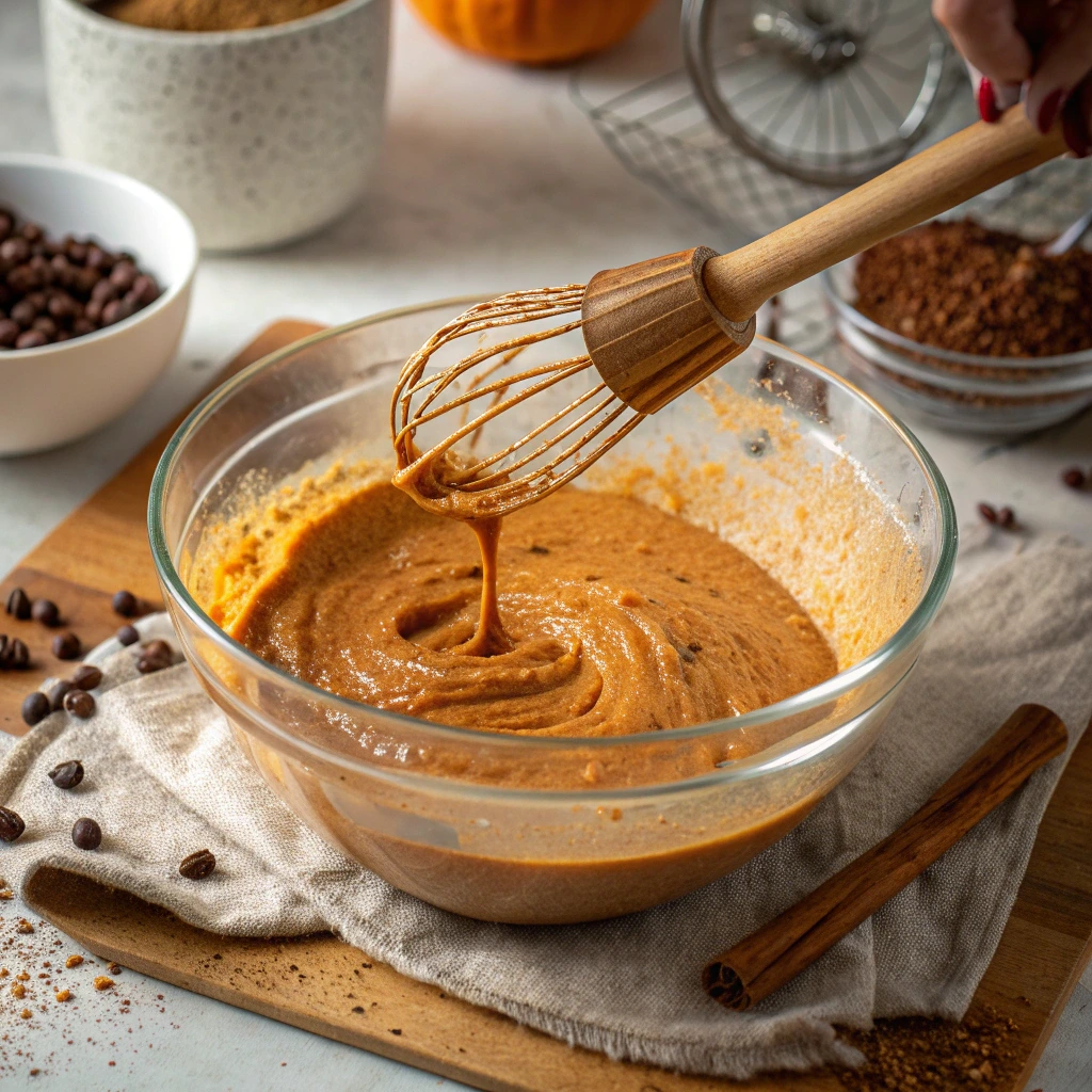Halloween Pumpkin Spice Latte Cake – A Cozy Fall Favorite 10 Mixing pumpkin spice latte cake batter