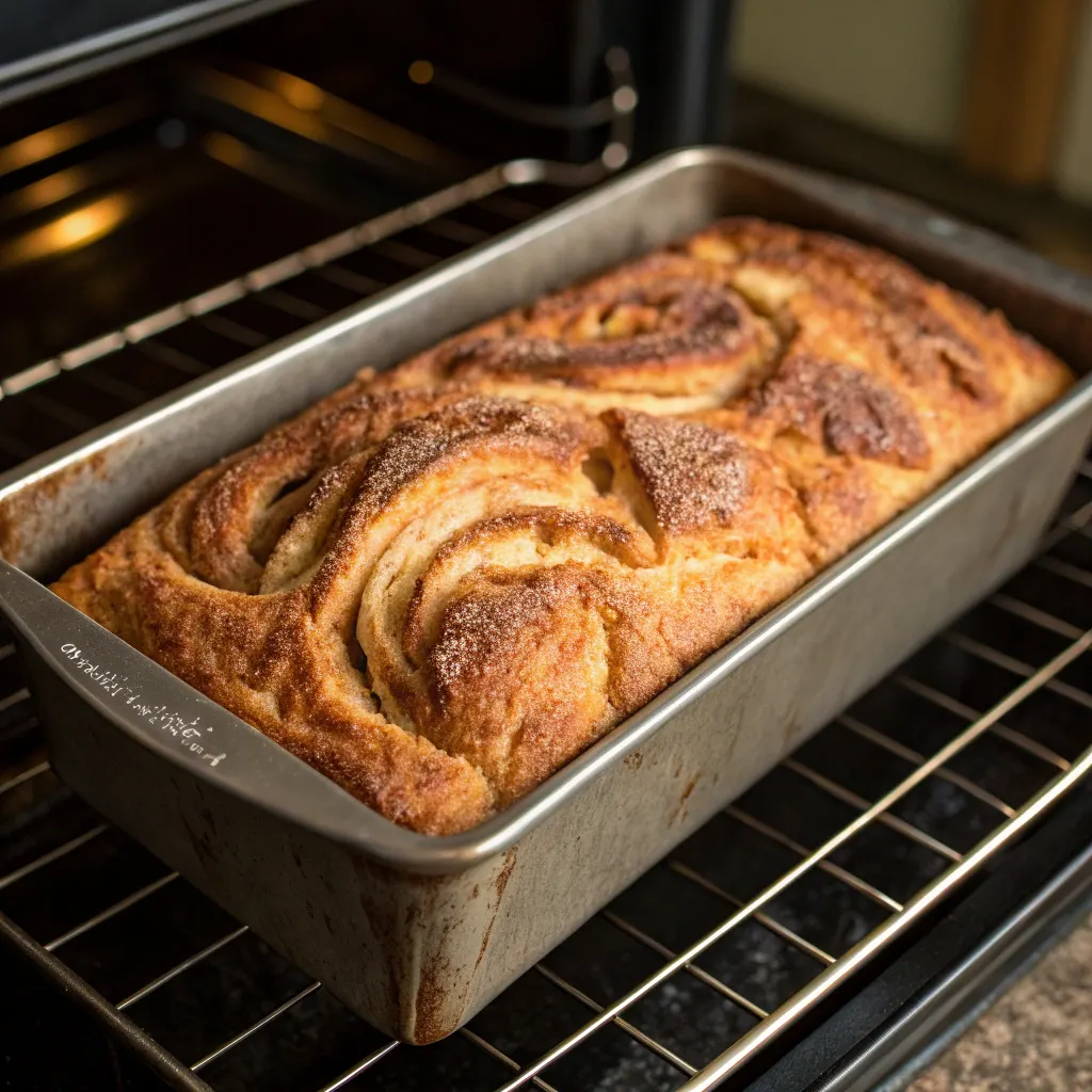 Apple fritter bread baking in loaf pan