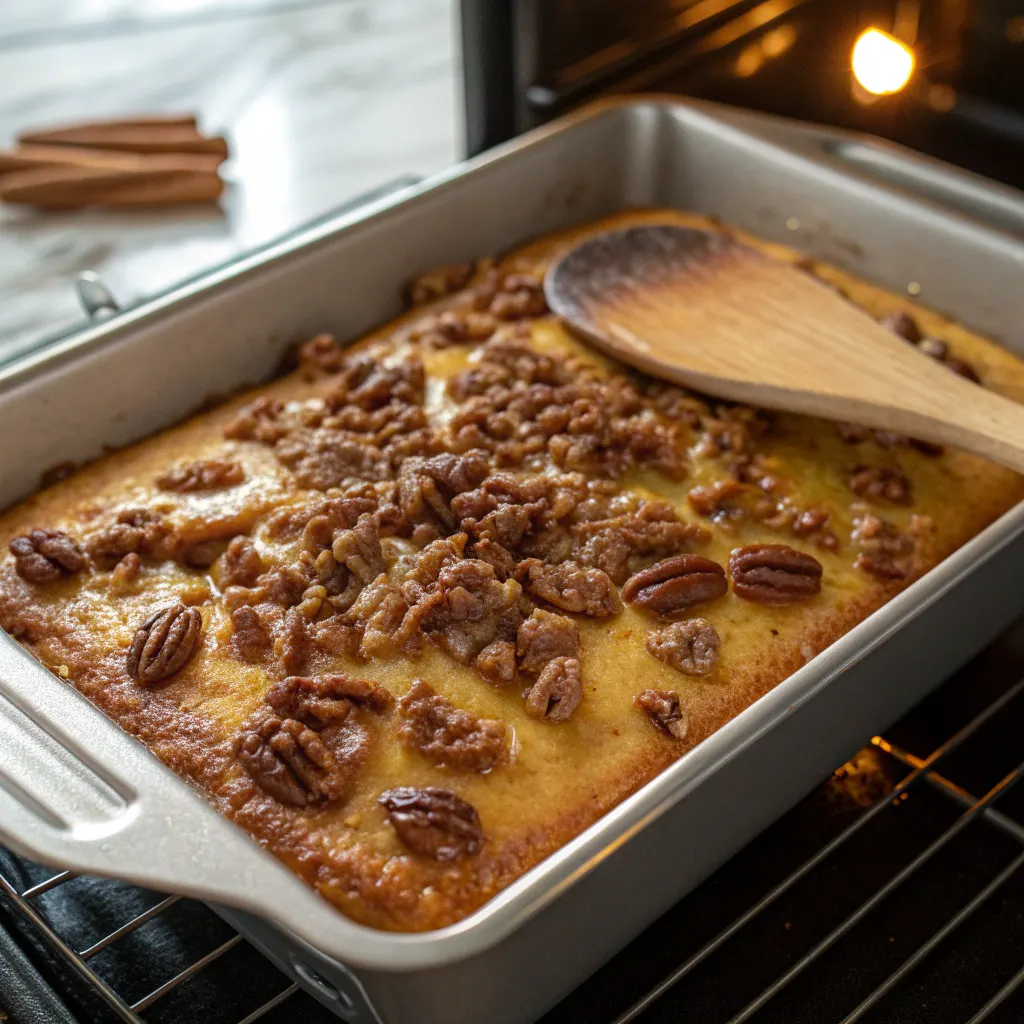 Butter Pecan Praline Poke Cake cooking in pan