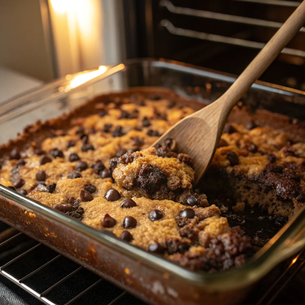 Baking chocolate chip gingerbread dump cake in oven
