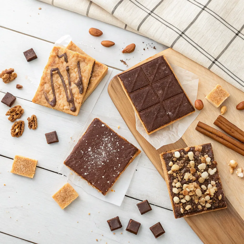 Four churro saltine toffee variations flat lay
